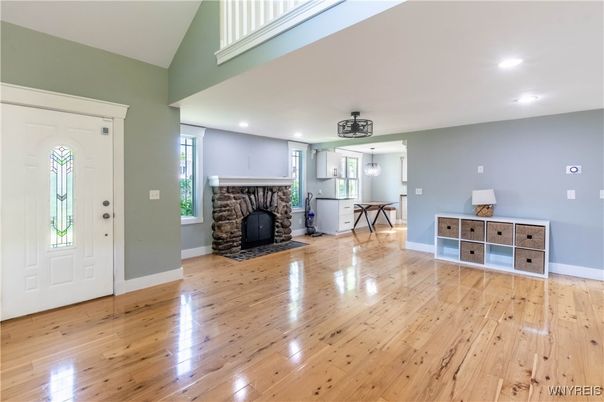 Fireplace, Interior, Pendant Lights, Recessed Lighting, Wood Texture Flooring