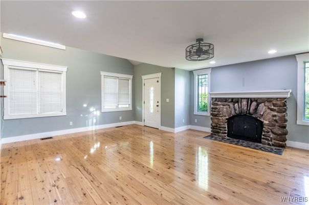 Empty room, Fireplace, Interior, Recessed Lighting, Wood Texture Flooring