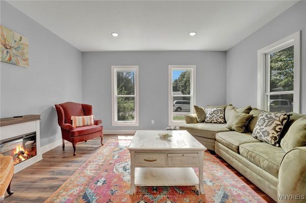 Fireplace, Interior, Living room, Recessed Lighting, Wood Texture Flooring