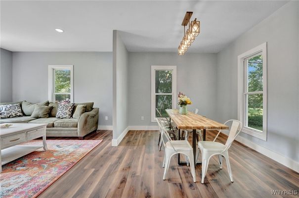 Dining room, Interior, Recessed Lighting, Wood Texture Flooring