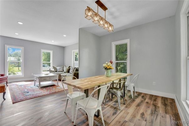 Dining room, Interior, Living room, Recessed Lighting, Wood Texture Flooring