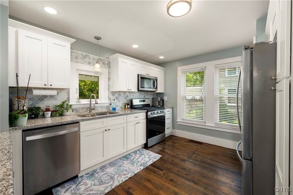Interior, Kitchen, Pendant Lights, Recessed Lighting, Stainless Steel Appliances, Wood Texture Flooring