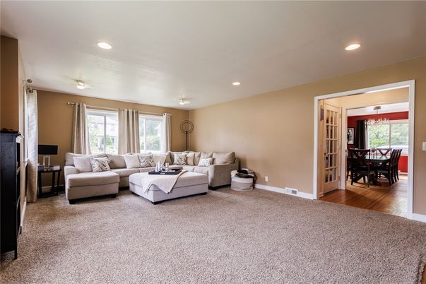 Dining room, Interior, Living room, Recessed Lighting, Wood Texture Flooring