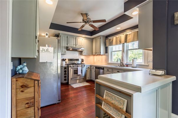 Interior, Kitchen, Recessed Lighting, Stainless Steel Appliances, Wood Texture Flooring