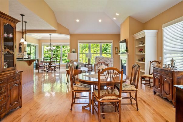 Dining room, Fireplace, Interior, Pendant Lights, Recessed Lighting, Wood Texture Flooring