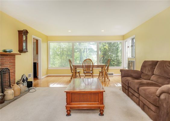 Dining room, Fireplace, Interior, Recessed Lighting, Wood Texture Flooring