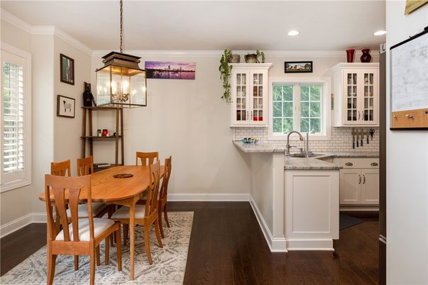 Dining room, Interior, Pendant Lights, Recessed Lighting, Wood Texture Flooring