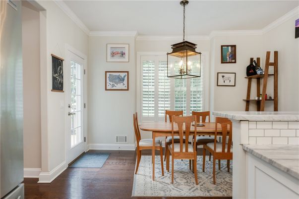 Dining room, Interior, Pendant Lights, Wood Texture Flooring