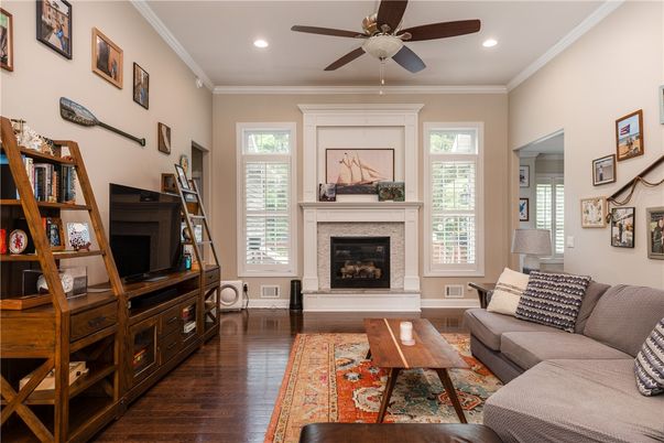 Fireplace, Interior, Living room, Recessed Lighting, Wood Texture Flooring