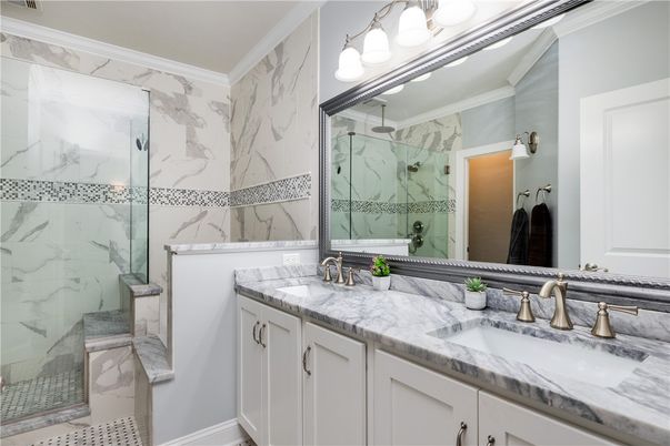 Bathroom, Dual Sink Vanities, Glass Shower, Interior, Marble Walls
