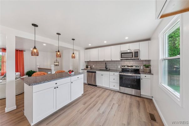 Interior, Kitchen, Pendant Lights, Recessed Lighting, Stainless Steel Appliances, Wood Texture Flooring