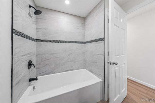 Bathroom, Interior, Marble Walls, Recessed Lighting, Wood Texture Flooring