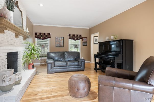 Fireplace, Interior, Piano, Recessed Lighting, Stone Walls, Wood Texture Flooring