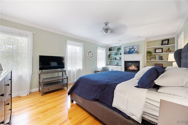 Bedroom, Fireplace, Interior, Wood Texture Flooring
