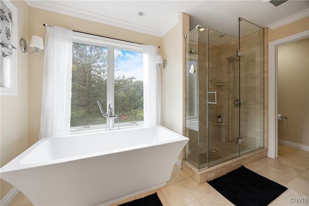 Bathroom, Free Standing Baths, Glass Shower, Interior, Recessed Lighting