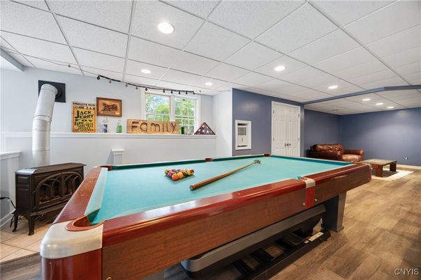 Billiard Table, Fireplace, Game Room, Interior, Recessed Lighting, Wood Texture Flooring