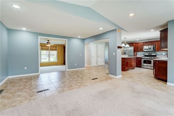 Empty room, Interior, Kitchen, Recessed Lighting, Stainless Steel Appliances