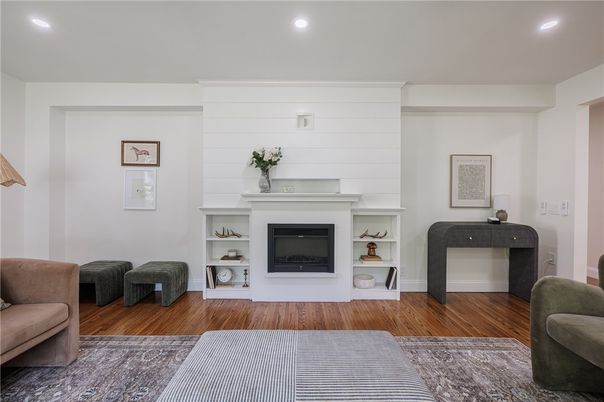 Fireplace, Interior, Recessed Lighting, Wood Texture Flooring