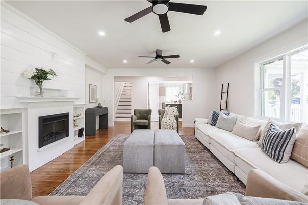 Fireplace, Interior, Living room, Recessed Lighting, Wood Texture Flooring