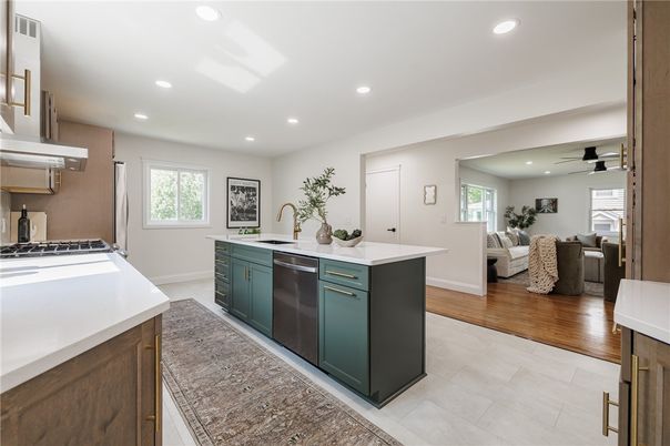 Interior, Kitchen, Living room, Recessed Lighting, Stainless Steel Appliances, Wood Texture Flooring