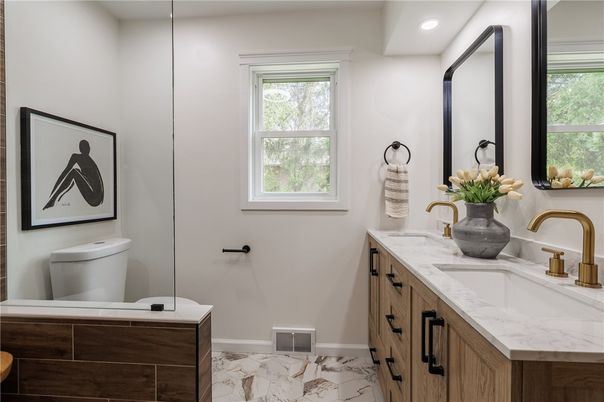 Bathroom, Dual Sink Vanities, Interior, Marble, Recessed Lighting