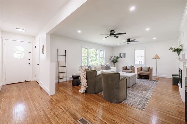 Fireplace, Interior, Living room, Recessed Lighting, Wood Texture Flooring
