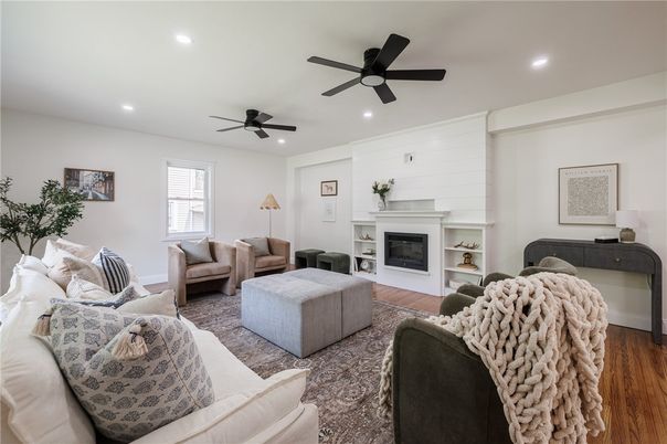 Fireplace, Interior, Living room, Recessed Lighting, Wood Texture Flooring