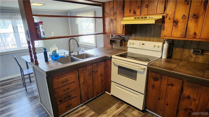 Interior, Kitchen, Tile Countertops, Wood Texture Flooring