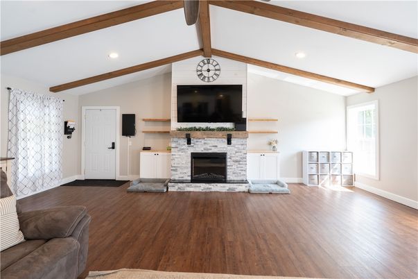 Empty room, Fireplace, Interior, Recessed Lighting, Wooden Beams, Wood Texture Flooring