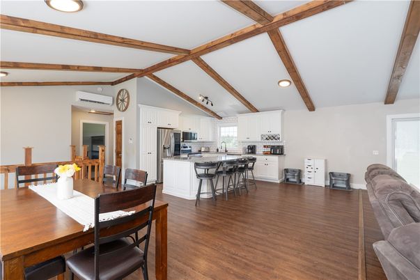 Dining room, Interior, Kitchen, Recessed Lighting, Stainless Steel Appliances, Wooden Beams, Wood Texture Flooring