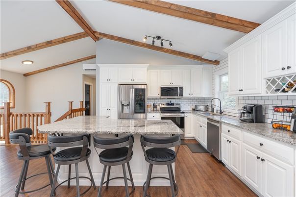 Interior, Kitchen, Recessed Lighting, Stainless Steel Appliances, Wooden Beams, Wood Texture Flooring