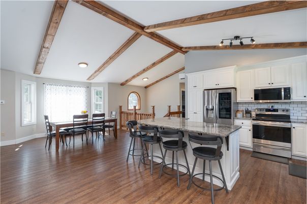 Dining room, Interior, Kitchen, Recessed Lighting, Stainless Steel Appliances, Wooden Beams, Wood Texture Flooring