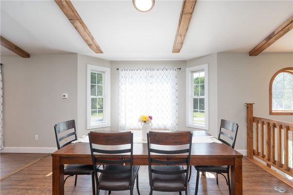Dining room, Interior, Recessed Lighting, Wooden Beams, Wood Texture Flooring