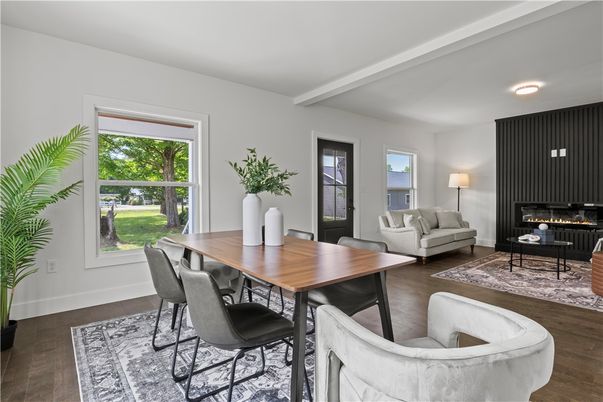 Dining room, Fireplace, Interior, Living room, Recessed Lighting, Wood Texture Flooring