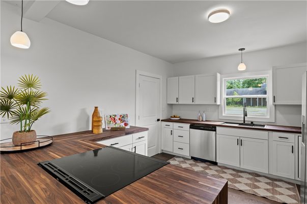 Interior, Kitchen, Pendant Lights, Stainless Steel Appliances, Wood Texture Flooring