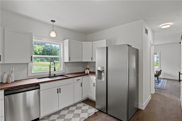 Interior, Kitchen, Pendant Lights, Stainless Steel Appliances, Wood Texture Flooring