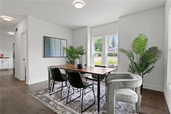 Dining room, Interior, Recessed Lighting, Wood Texture Flooring