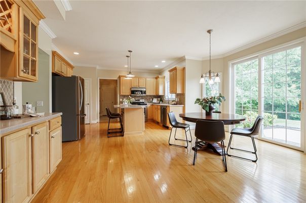 Dining room, Interior, Kitchen, Pendant Lights, Recessed Lighting, Stainless Steel Appliances, Wood Texture Flooring