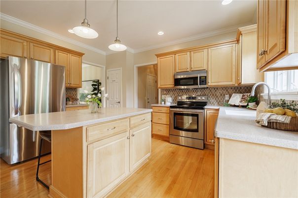 Interior, Kitchen, Pendant Lights, Recessed Lighting, Stainless Steel Appliances, Wood Texture Flooring