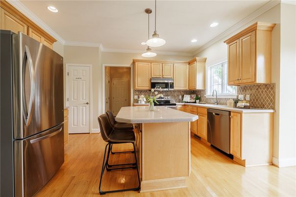 Interior, Kitchen, Pendant Lights, Recessed Lighting, Stainless Steel Appliances, Wood Texture Flooring