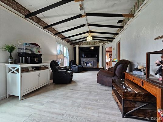 Fireplace, Interior, Living room, Pendant Lights, Wood Texture Flooring