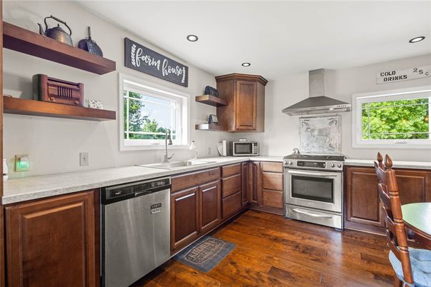 Interior, Kitchen, Recessed Lighting, Stainless Steel Appliances, Wood Texture Flooring