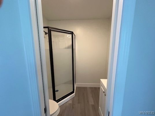 Bathroom, Glass Shower, Interior, Wood Texture Flooring