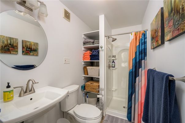 Bathroom, Glass Shower, Interior, Wood Texture Flooring