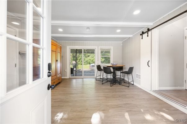 Dining room, Interior, Recessed Lighting, Wood Texture Flooring