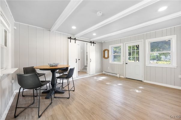 Dining room, Interior, Recessed Lighting, Wood Texture Flooring