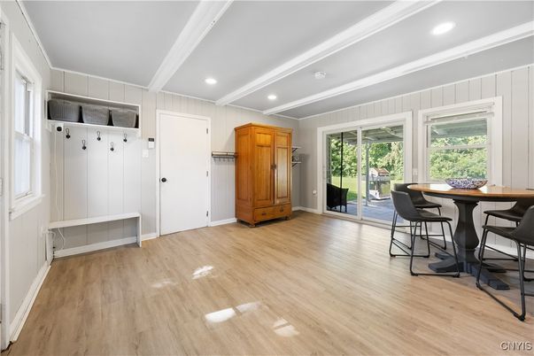 Dining room, Interior, Recessed Lighting, Wood Texture Flooring