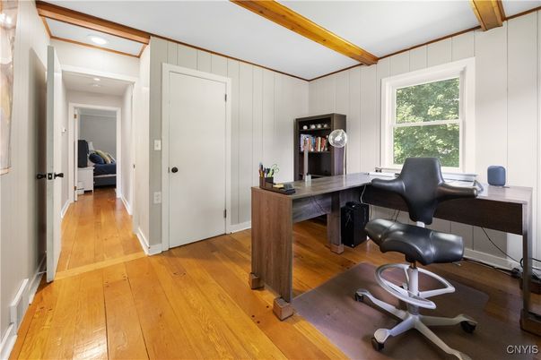 Home Office, Interior, Recessed Lighting, Wooden Beams, Wood Texture Flooring