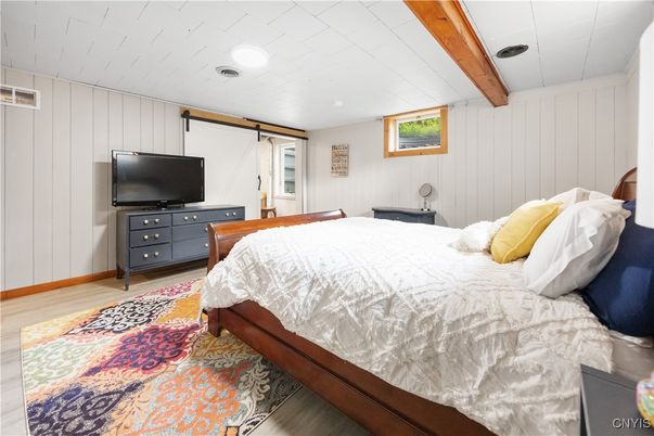 Bedroom, Interior, Recessed Lighting, Wooden Beams, Wood Texture Flooring