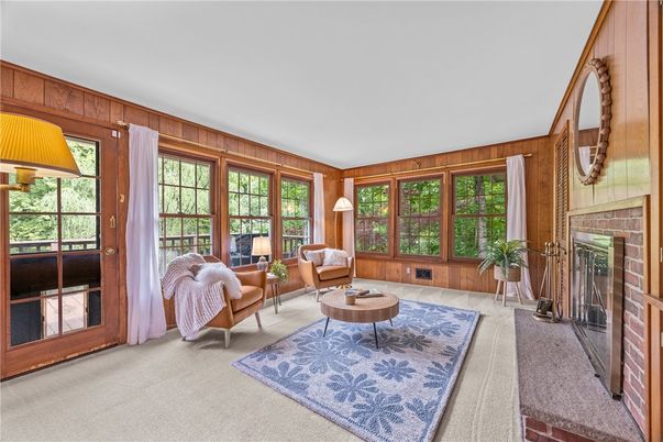 Fireplace, Interior, Living room, Sun Room, Wooden Walls